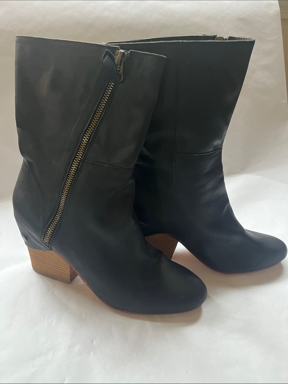 Fiel Women’s Black Leather Mid-Calf Heeled Boots with Side Zip — 9.5